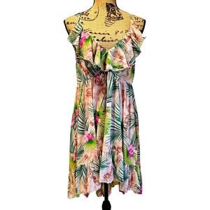 Betsey Johnson Tropical Dress, Hi-Low, Ruffled V Neck, Sexy, Mini, Sz L